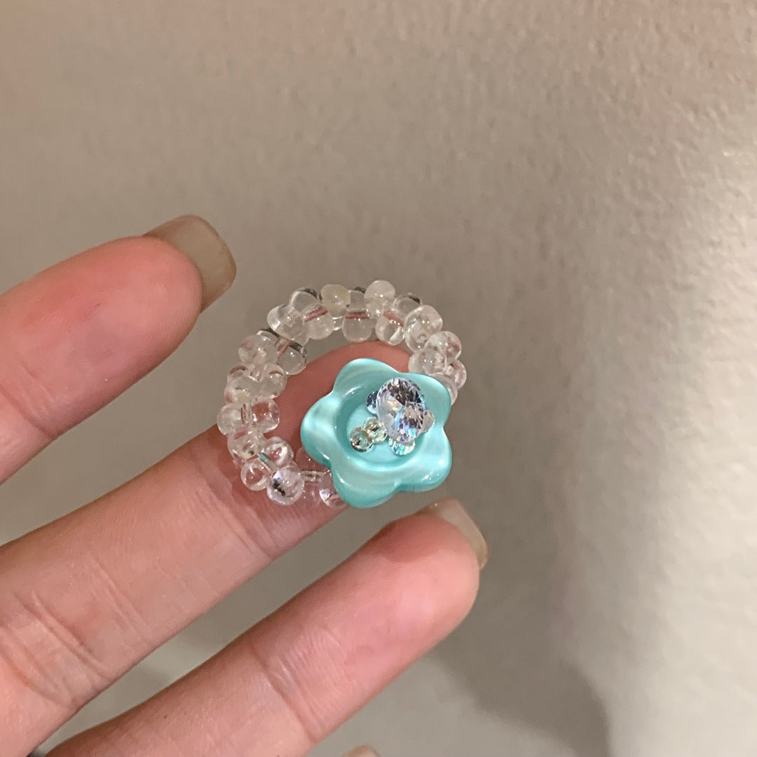 Handmade Flower Button Fun Imported Elastic String Dopamine Color Ring