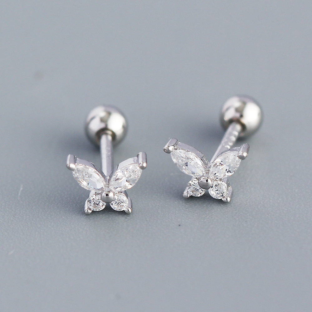 Women's Sier Super Flash Butterfly Zircon Screw Earrings