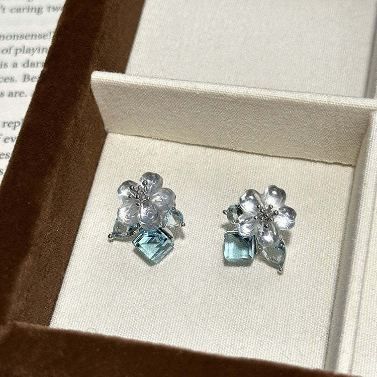Women's Blue Flower Cube Sugar Rhinestone High-grade Crystal Clear Unique Light Earrings