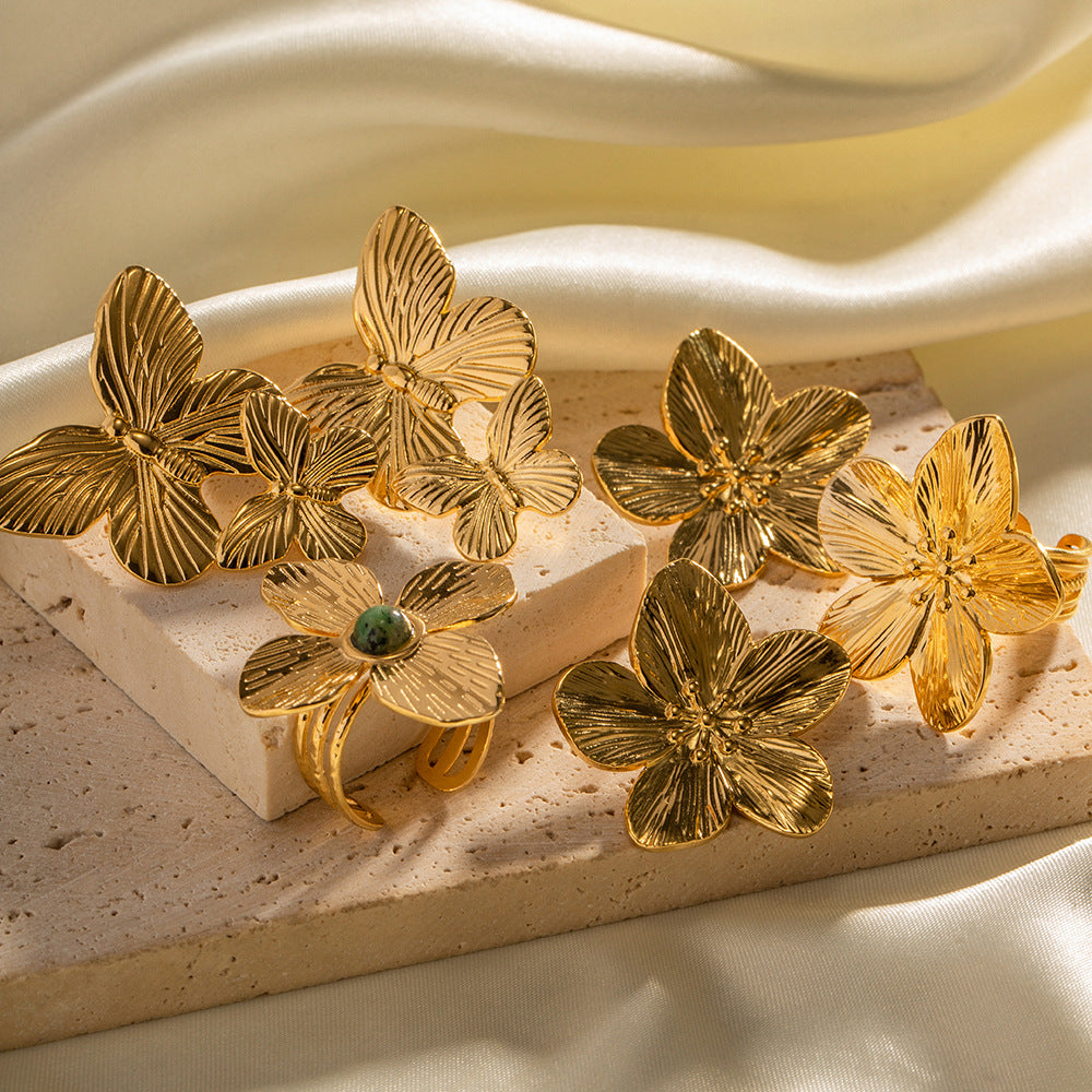 Style Dull Flower Exaggerated Inlaid African Rings