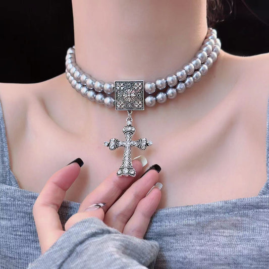 Hot Vintage Pearl Cross Frame Chain Item Female Exaggerated Necklaces