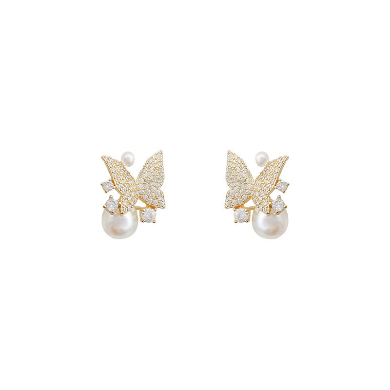 Women's Pearl Diamond Butterfly Trendy Stylish Simple Stud Earrings