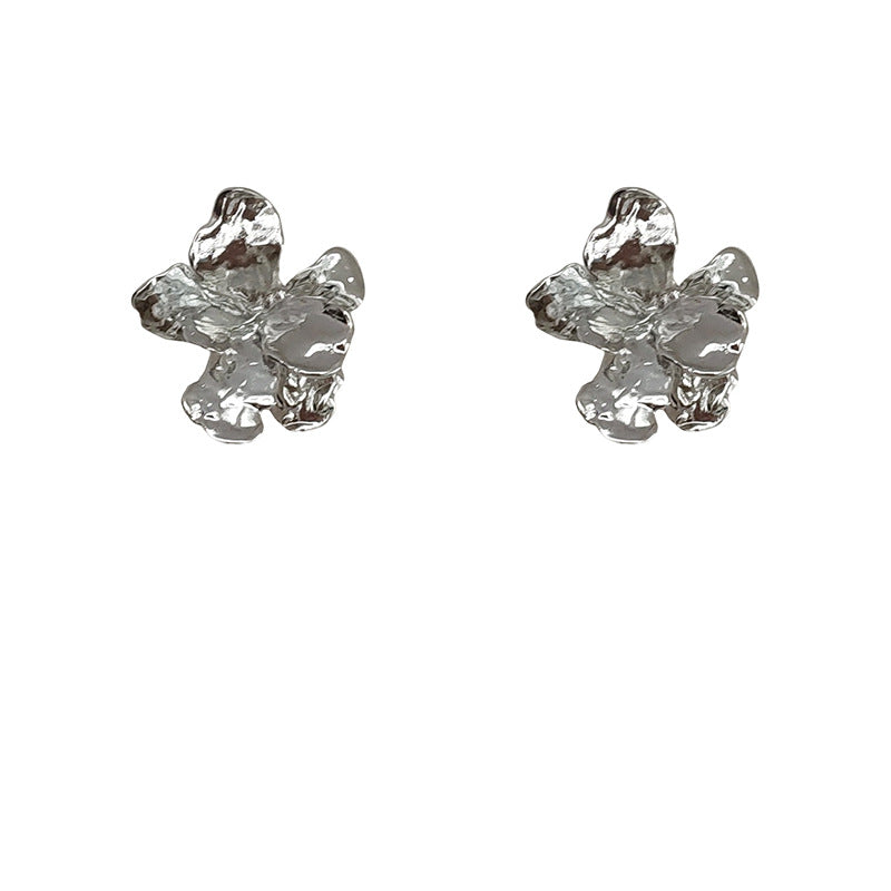 Metal Sier Needle Irregular Three-dimensional Flower Earrings