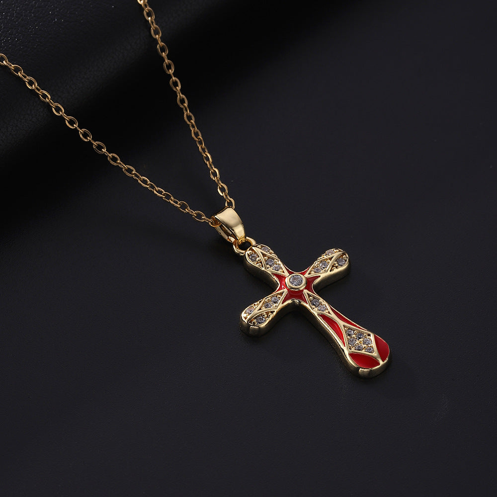 Dripping Zircon Cross Pendant Temperament Wild Micro Inlaid Gold Necklaces