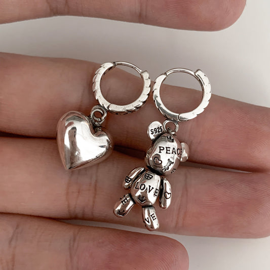 Women's Sterling Sier Asymmetric Unique Bear Love Heart Summer Design Earrings