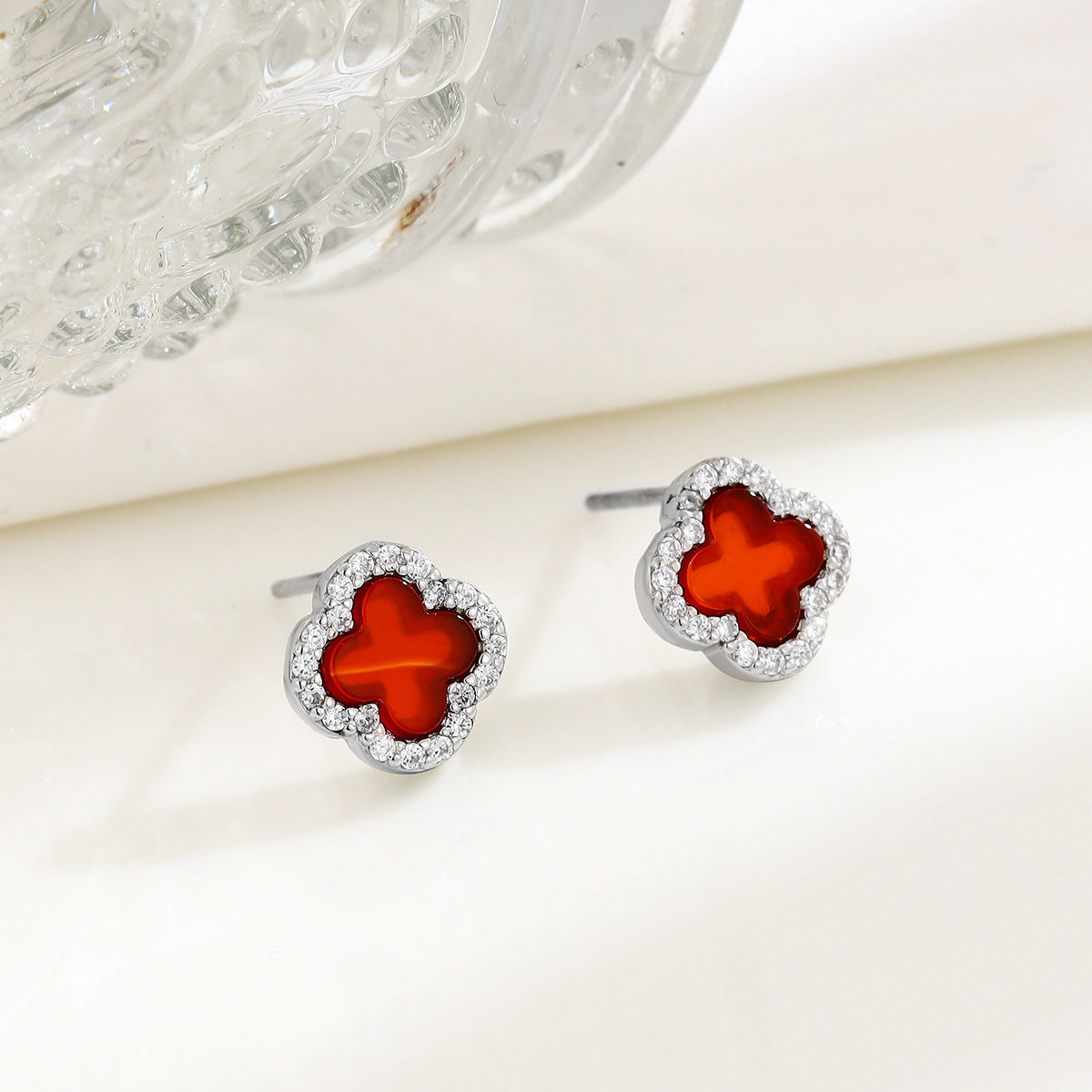 Sier Agate Four Leaf Clover Ear Korean Earrings