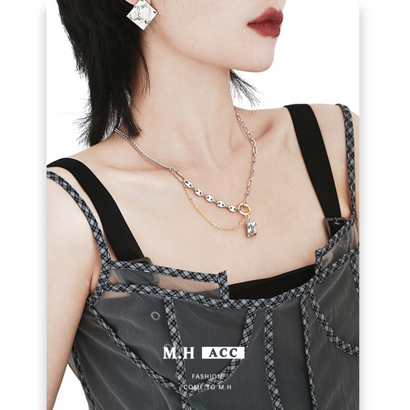 Women's Simple Style Square Diamond Pendant Chain High-grade Necklaces