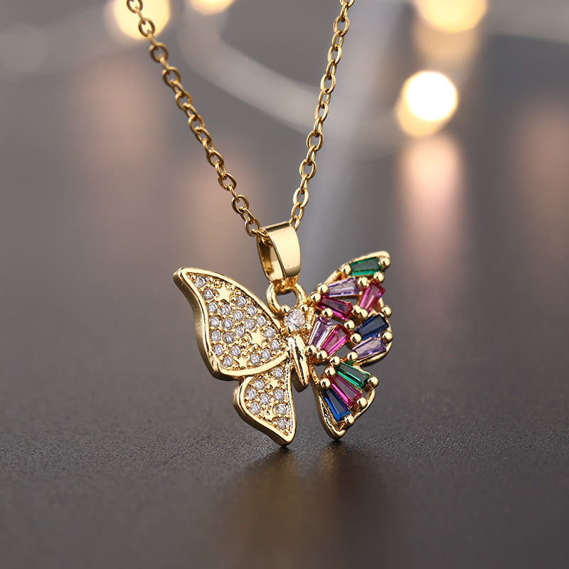 Square Zircon Butterfly Pendant Personality Trendy Style Temperament Necklaces