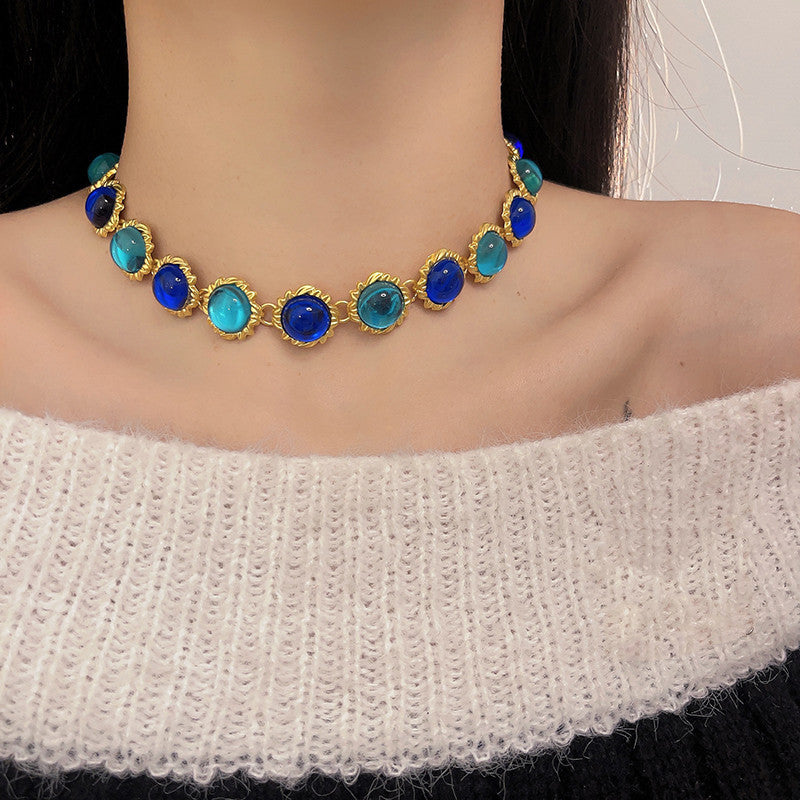 Women's Blue Retro Fashion Gem Light Luxury Necklaces