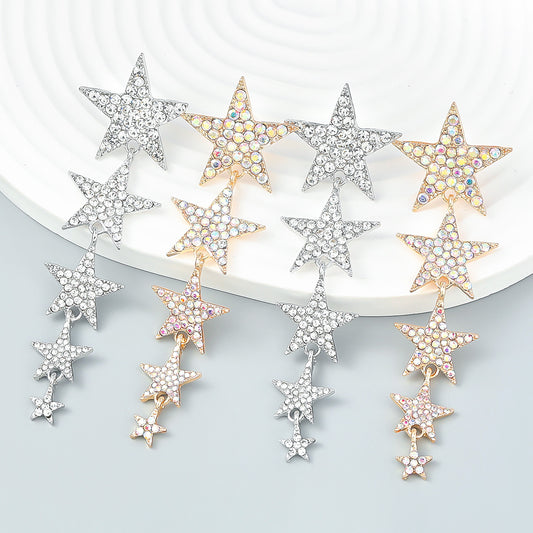 Rhinestone Diamond Five-pointed Star Long Heart Earrings