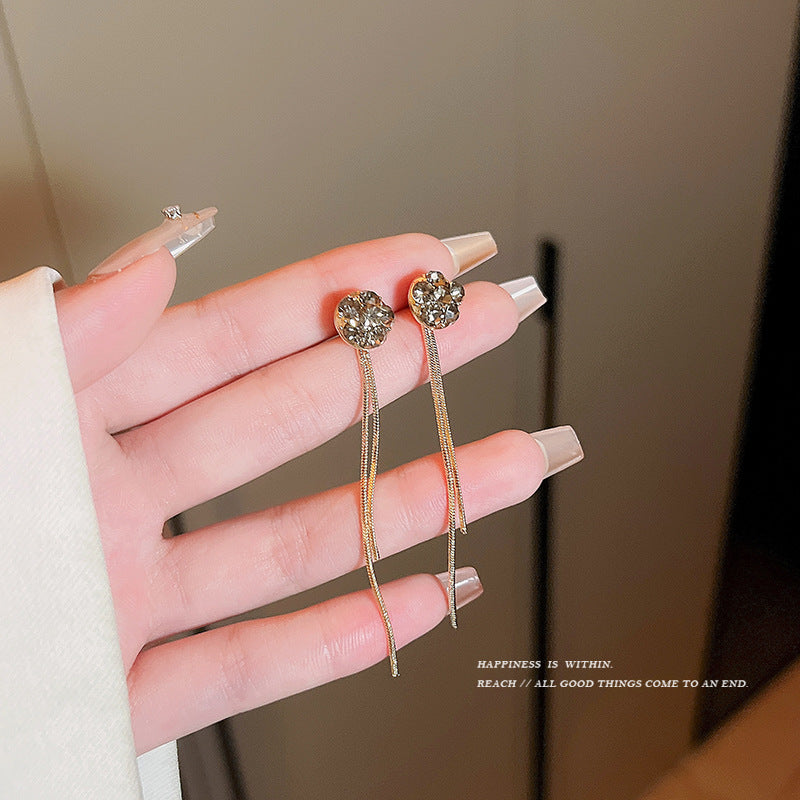 Sier Needle Shiny Diamond Ear Tassel Long Earrings