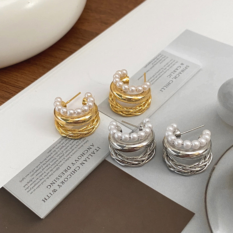 Women's French Style Retro Bright Pearl Knotted Earrings