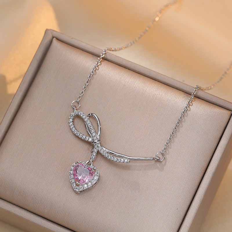 Female With Hearts Zircon Bowknot Water Necklaces