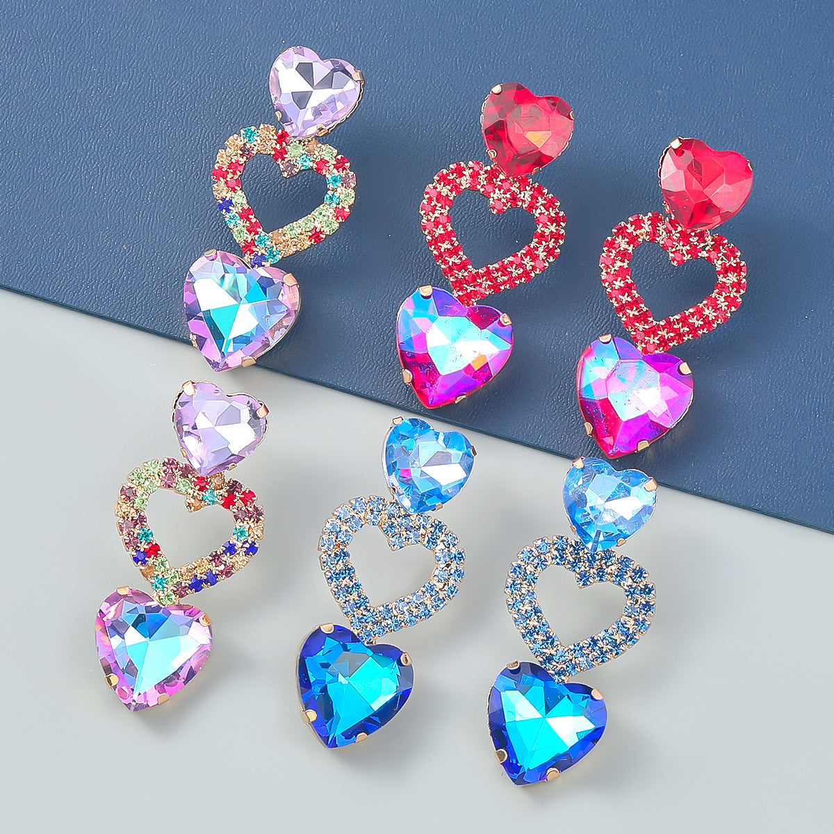 Diamond Alloy Heart-shaped Glass Drill Trendy Earrings
