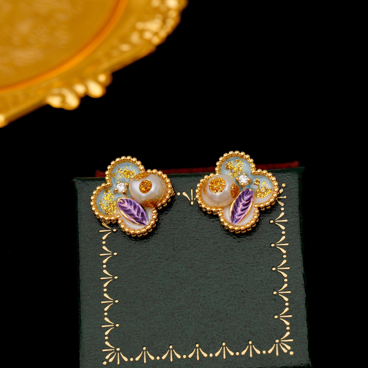 Women's Trendy Style Enamel Four Leaf Clover Ear Freshwater Rings