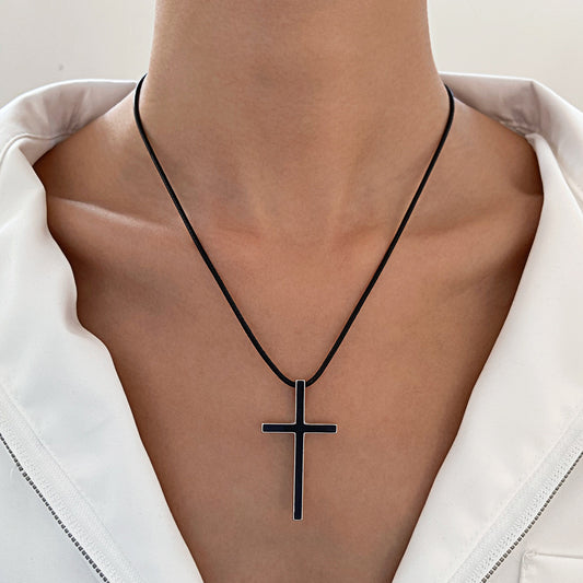 Colliers en corde de cuir simple pour femmes, hommes et femmes, chaîne en corde de cuir, gouttes d'huile, bord en acier noir