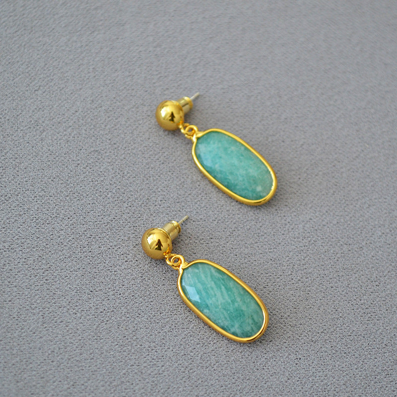 Oval Carved Real Stone Natural Simple Temperament Earrings