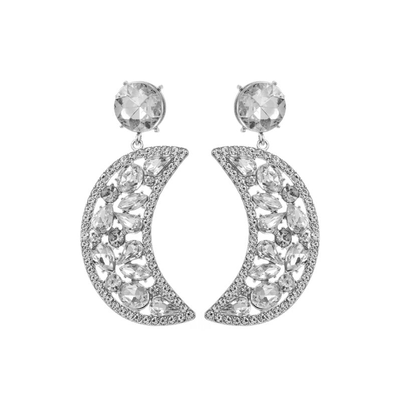 Crescent-shaped Alloy Colorful Crystals Eardrops Moon Earrings