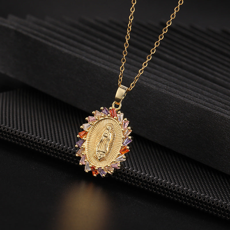 Women's Religious Copper Micro Inlay Colorful Zircon Pendant Necklaces