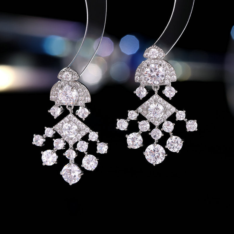 Sier Needle Light Luxury High-grade Inlaid Zircon Fan-shaped Banquet Earrings