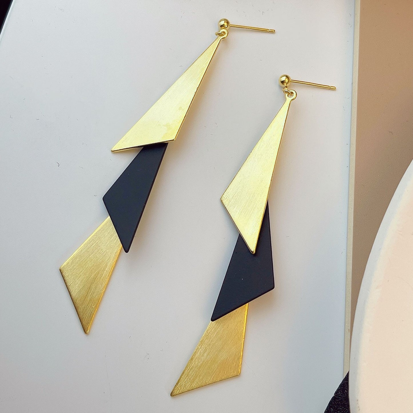 Women's Style Gold Brushed Black Triangle Elegant Earrings