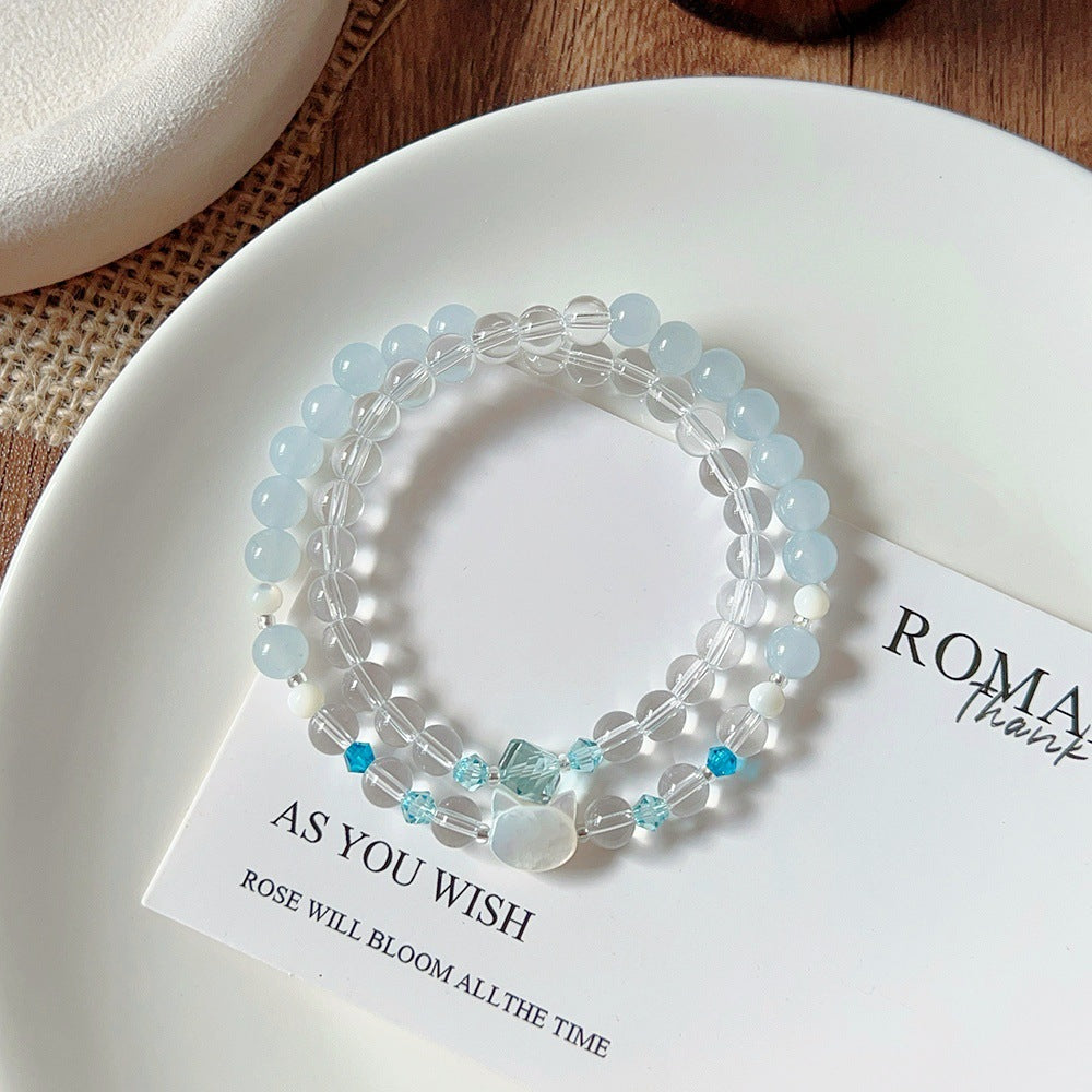 Aquamarine Crystal Korean Style High Sense Pearl String Beads Bracelet