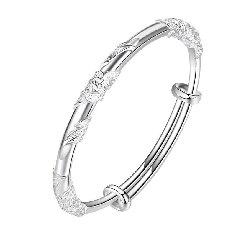Push-pull Female Chinese Sier Plated Embossed Filigree Leaf Bracelet