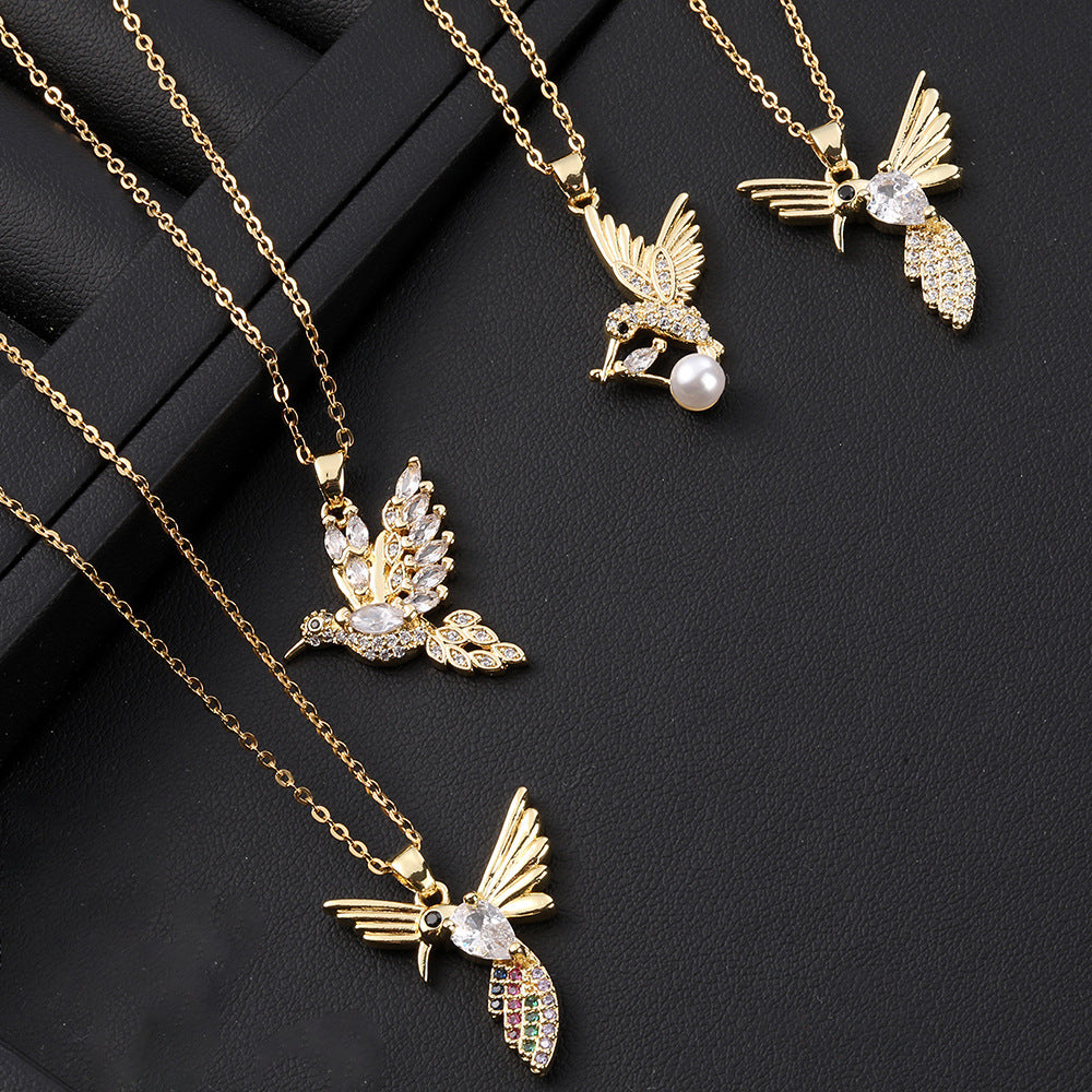 Pearl Hummingbird Pendant Female Flying Bird Titanium Necklaces