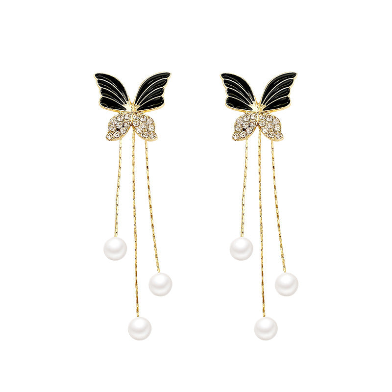 Butterfly Full Diamond Back Hanging Pearl Earrings