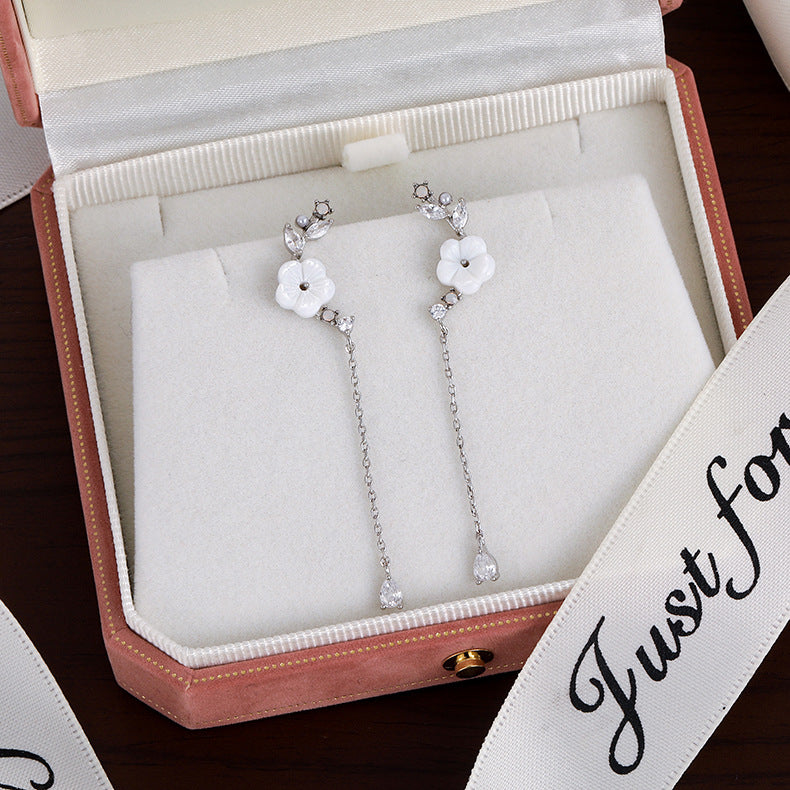 Women's Flower Sier Pin Elegant Long Fringed Earrings