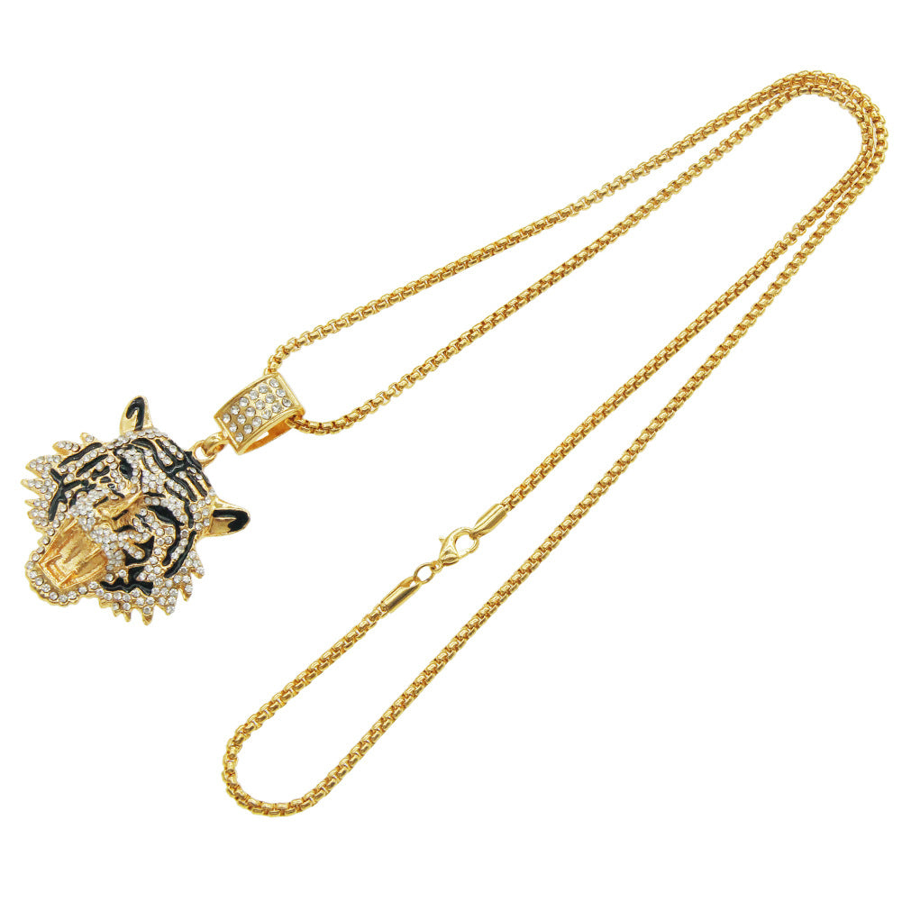 Colliers avec pendentif tête de tigre tridimensionnelle en diamant pour femmes, hommes et diamants