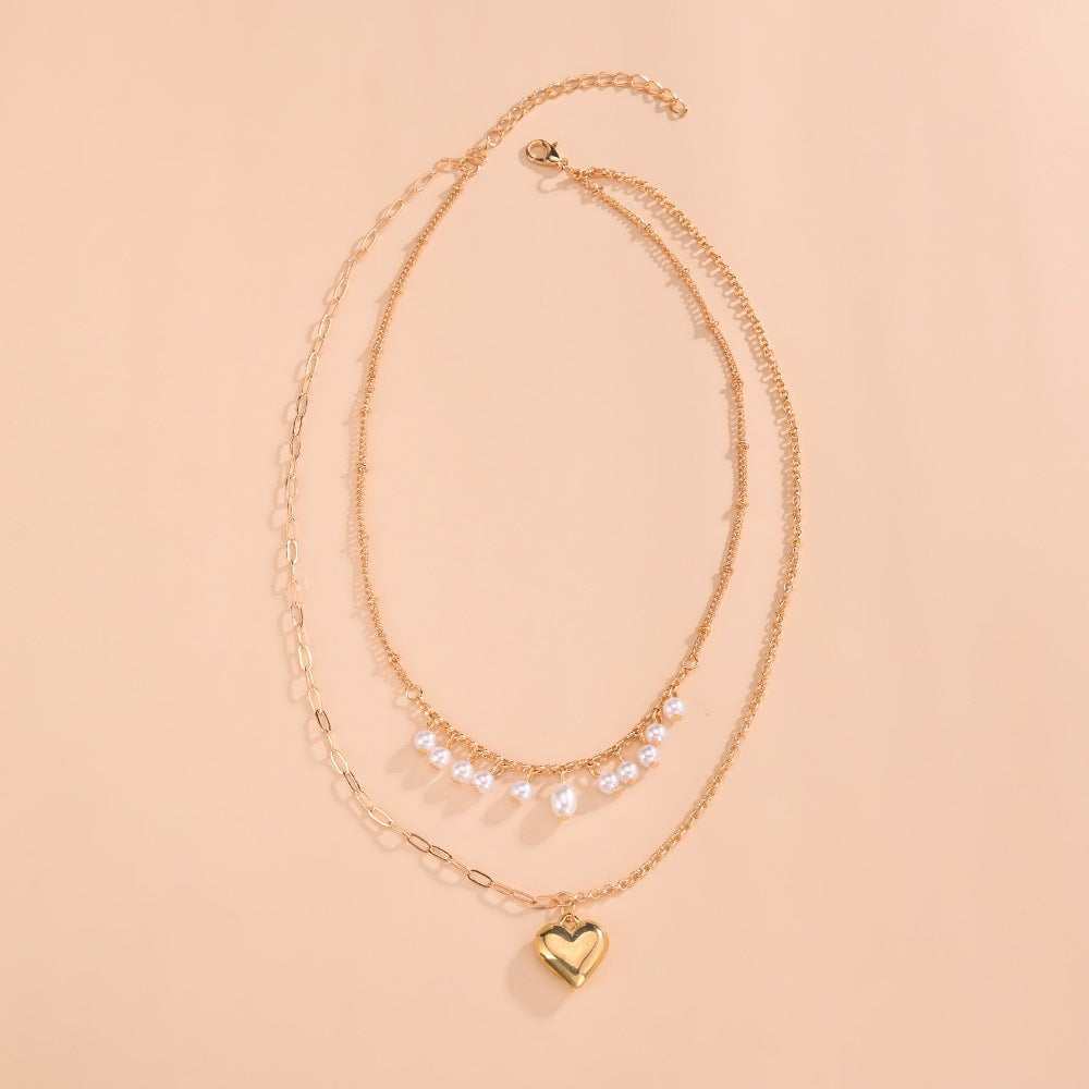 Women's Tassel Pearl Love Pendant Double Layer Necklaces