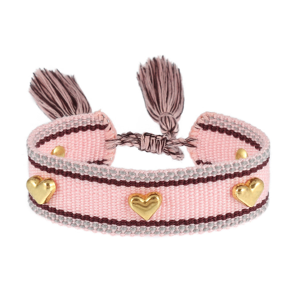 Couple Golden Heart-shaped Carrying Strap Hand-woven Tassel Bracelets