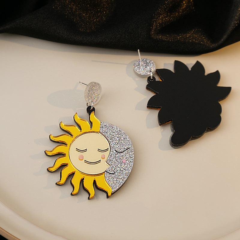 Women's Smiley Face Sunflower Acrylic Design Asymmetric Moon Earrings