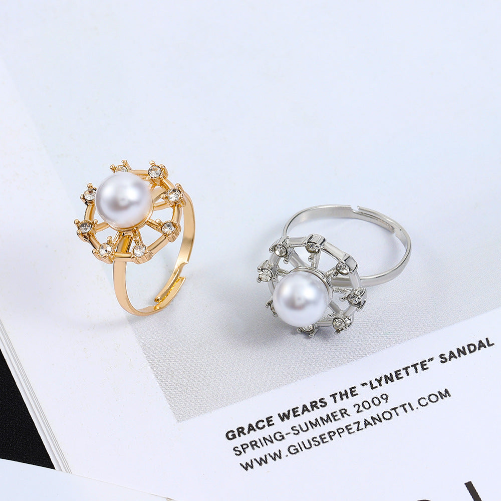 Women's French Entry Lux Diamond Studded Hollow Flower Index Rings