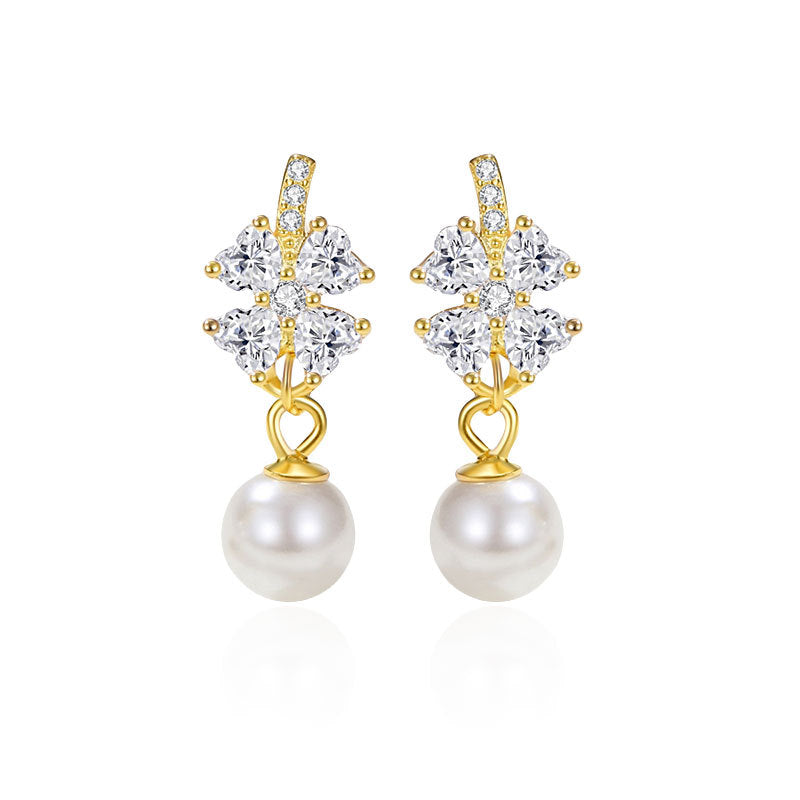 Women's Sier Full Diamond Four Leaf Clover Ear Fashion Earrings