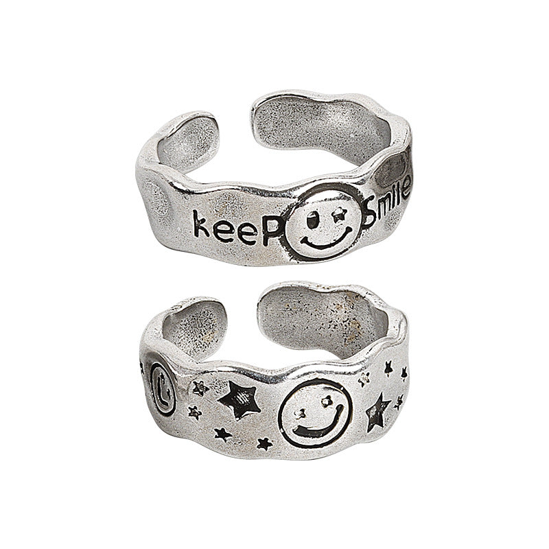 Retro Distressed Smiley Face Smile Letter Personality Rings