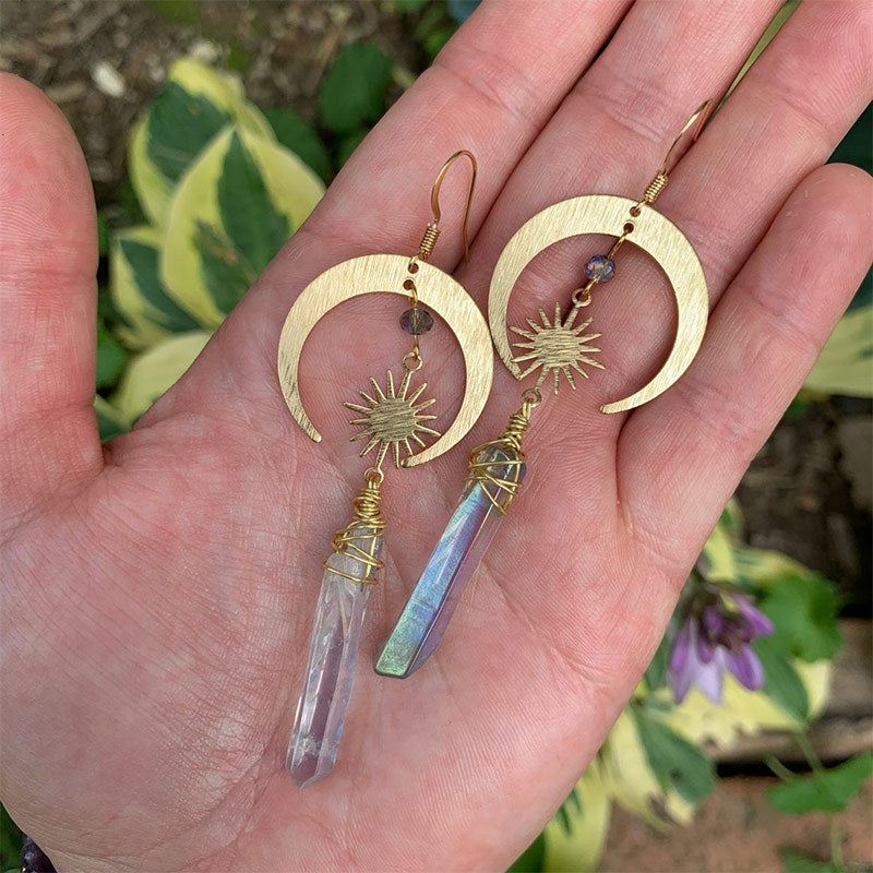 Quartz Moon And Rising Sun Crescent Earrings