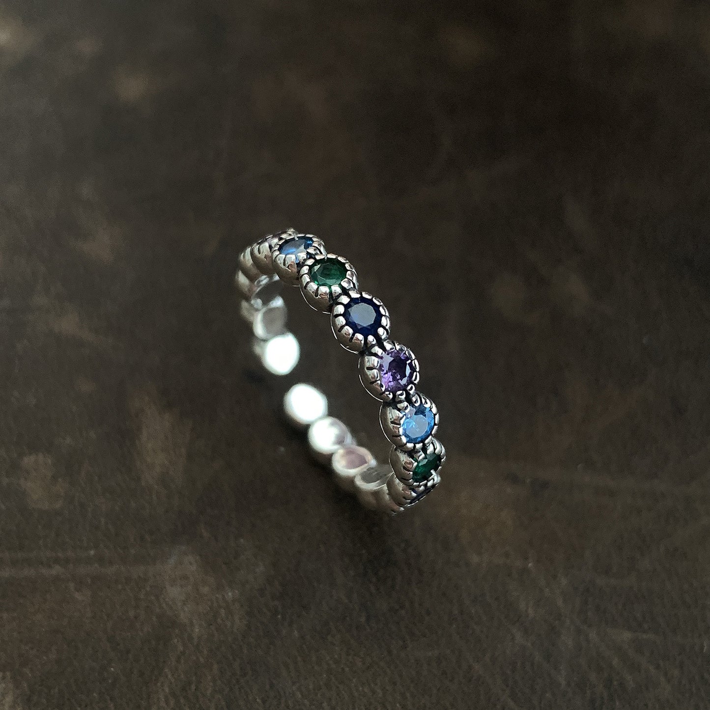 Women's Sterling Sier Retro Rainbow Colorful Open-end Zircon Light Rings