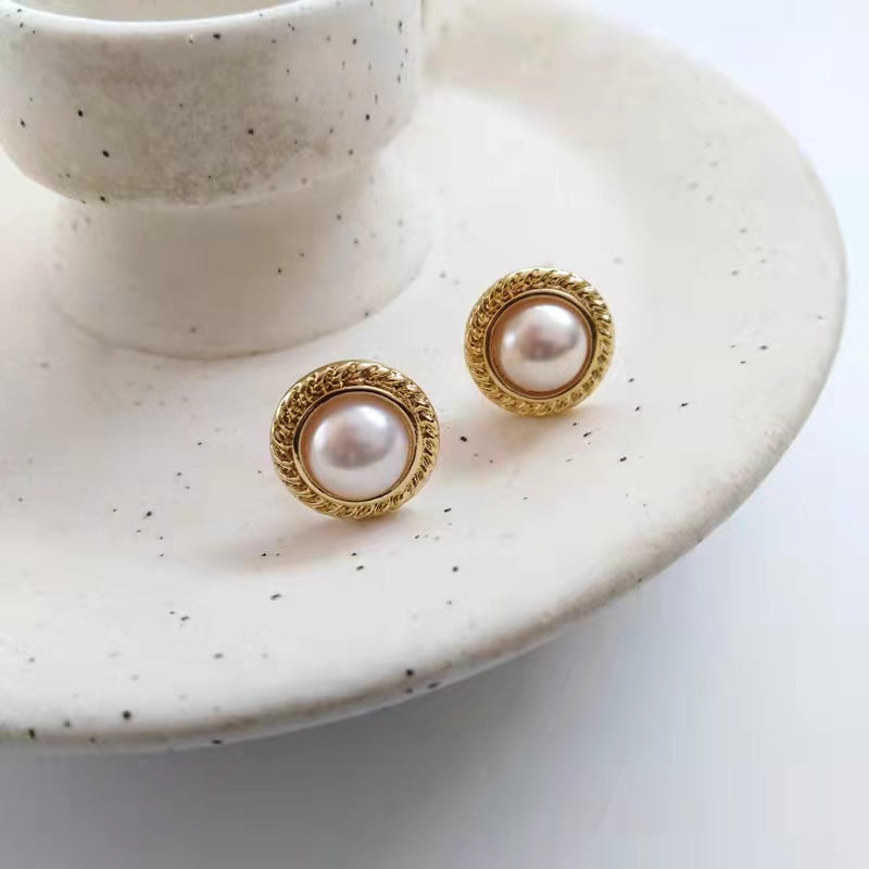 Sier Needle Simple Compact Pearl Graceful Geometric Cat Stud Earrings