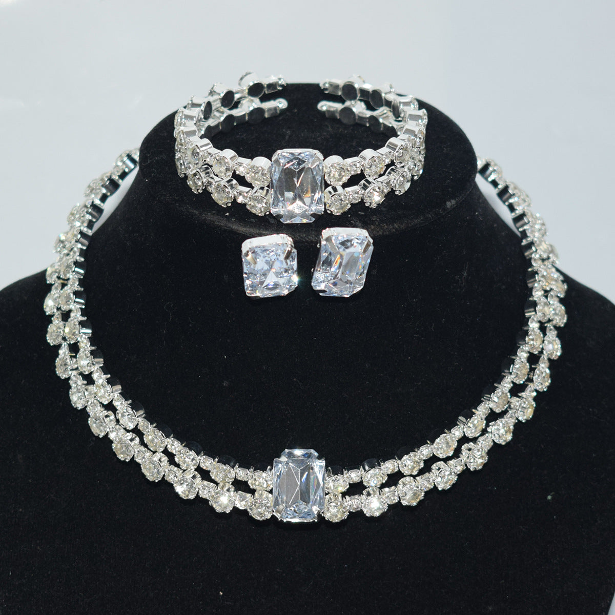 Bridal Double Row Gold Sier Collar Three-piece Diamond Claw Jewelry Set