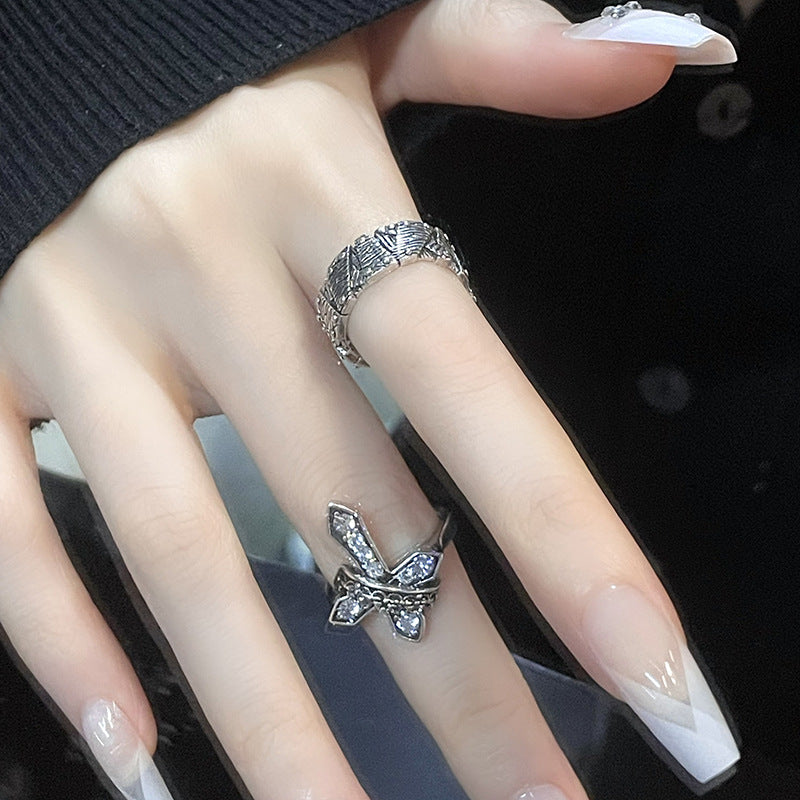 Offene, verstellbare Ringe für Damen im industriellen Stil mit Zirkon-Design und Textur