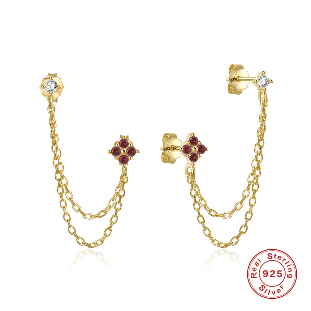 Boucles d'oreilles en forme de chaîne et de diamants pour femmes, Style argent sterling