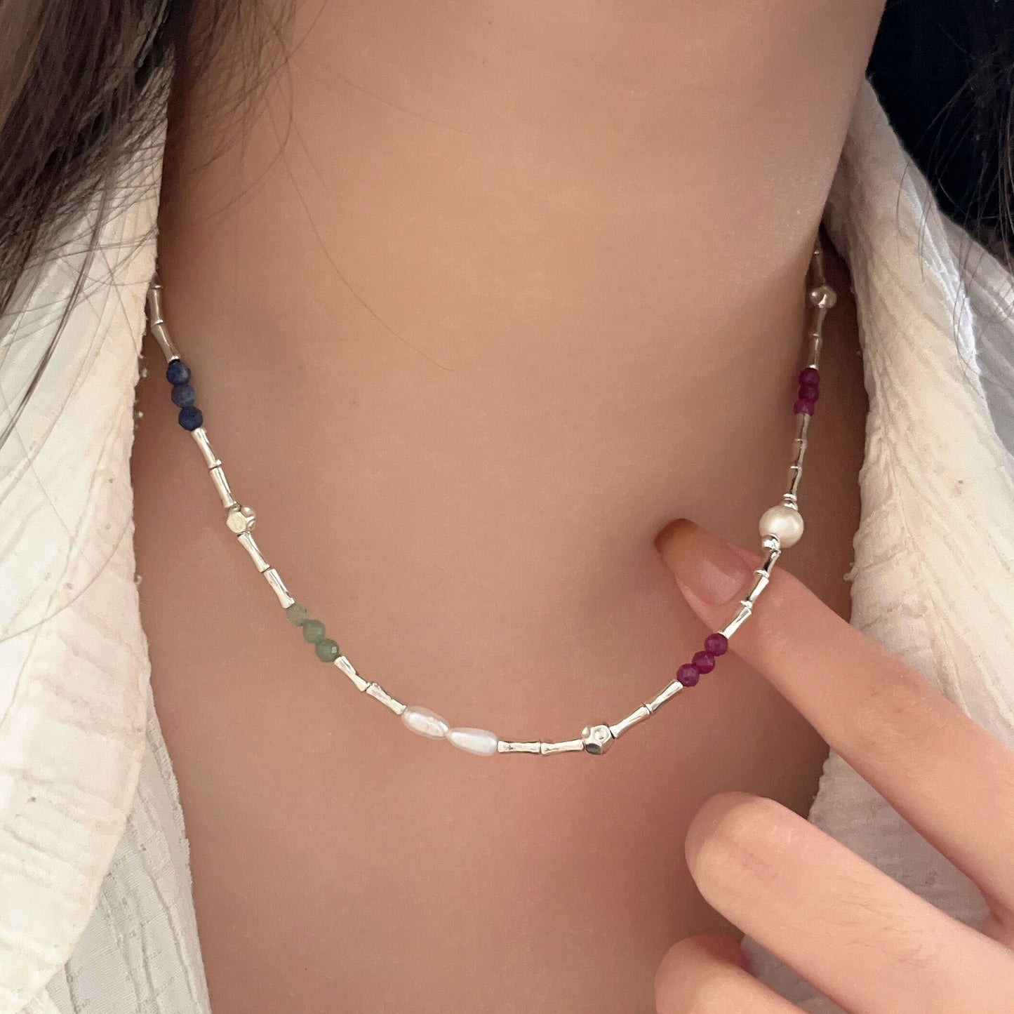 Colliers de perles colorées de style coréen Sier Sterling
