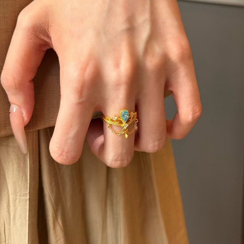 Temperament Crown Female Vintage Court Style Blue Zircon Ring