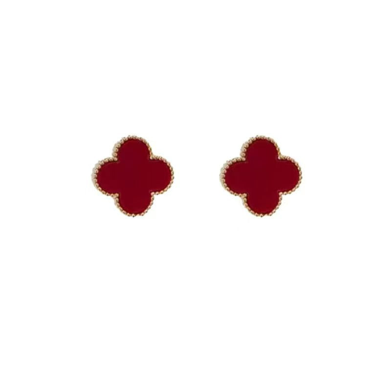 Classic Wine Red Four Leaf Clover Ear Exquisite High-grade Refined Stud Earrings