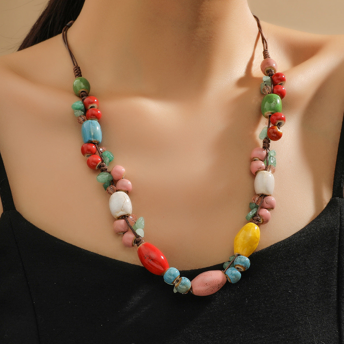 Fashion Beaded Ceramic Beads Bohemian Gravel Color Necklaces