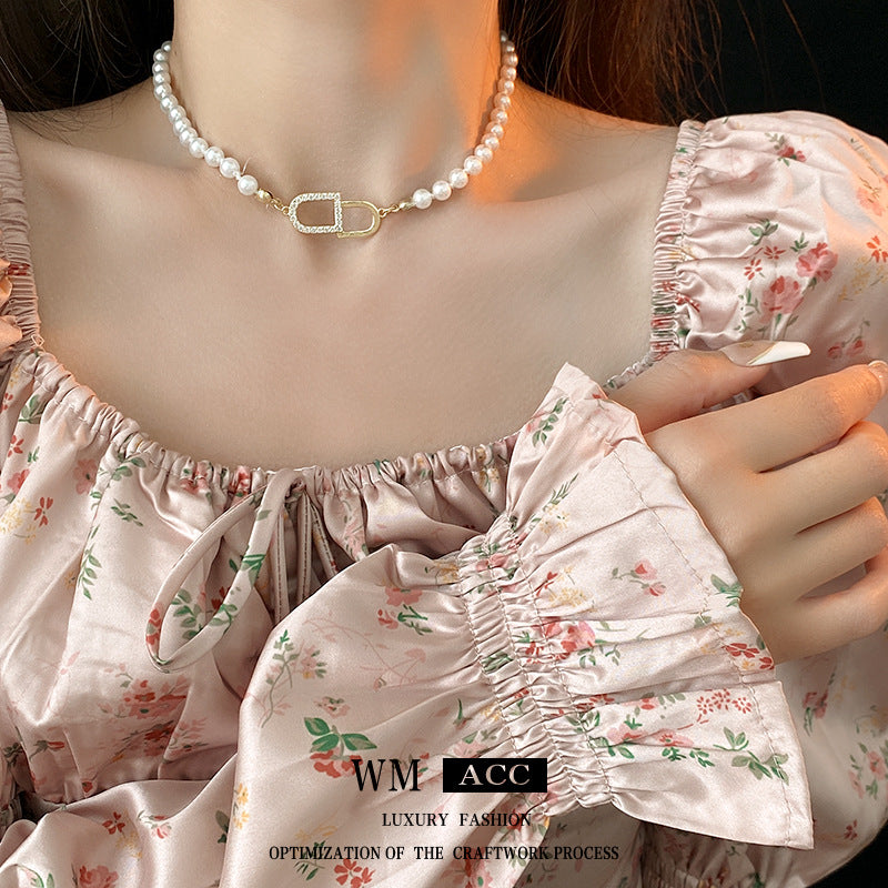 Pearl Gold Plated Zircon Letter Temperament Wild Clavicle Chain Necklaces