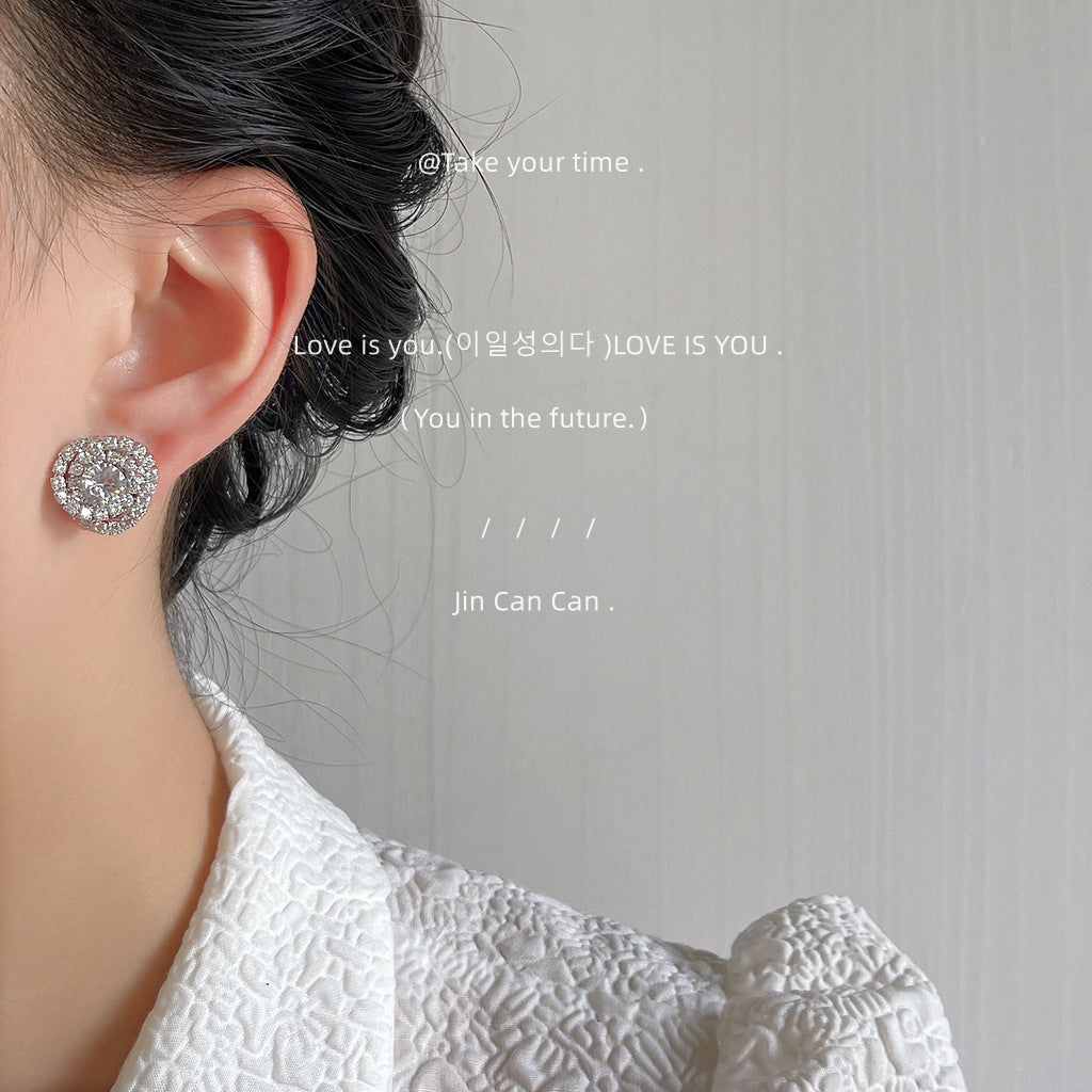 Needle Zircon Three-dimensional Geometric Cross Round High Earrings