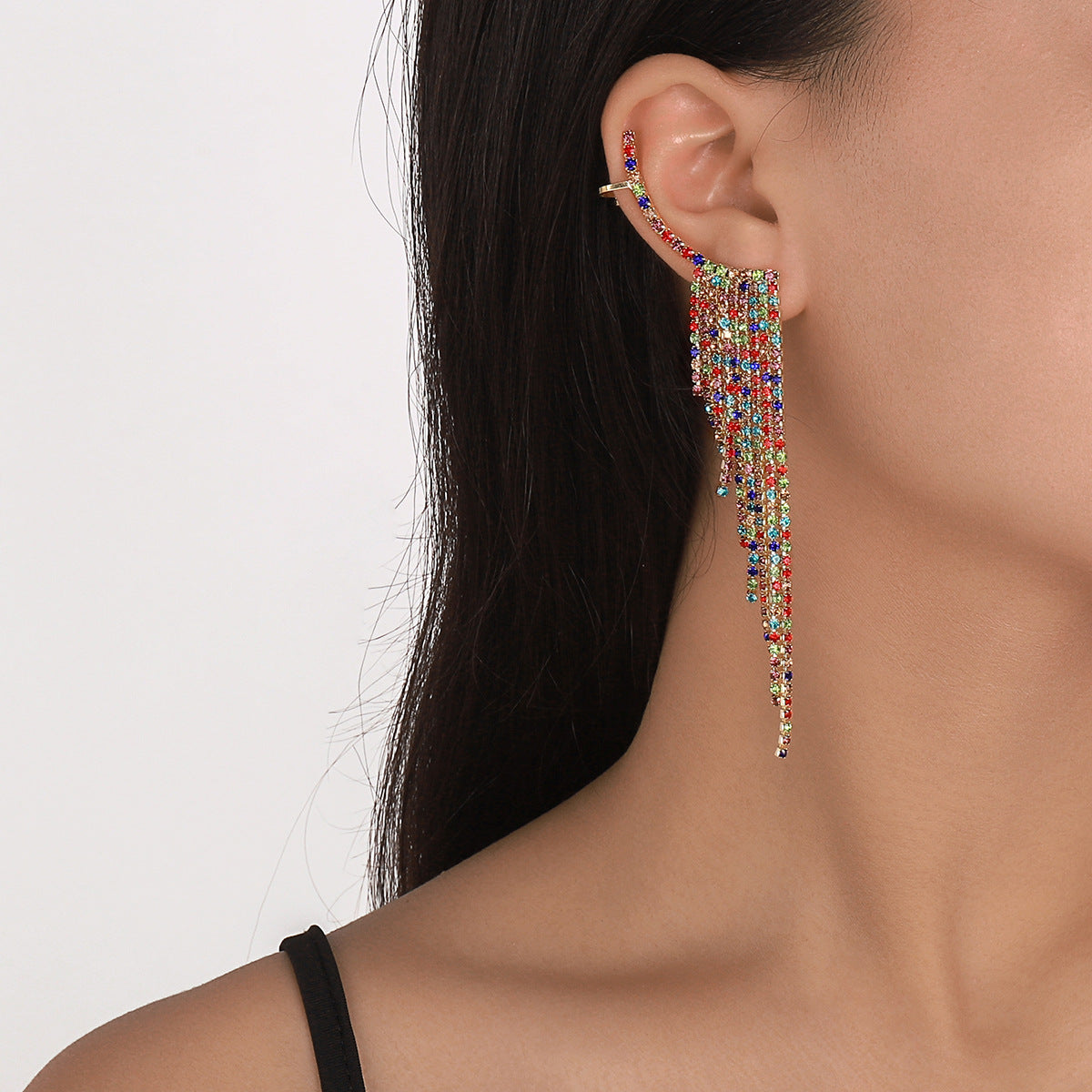 Tassel Rhinestone Auricular Needle Geometric Banquet Earrings